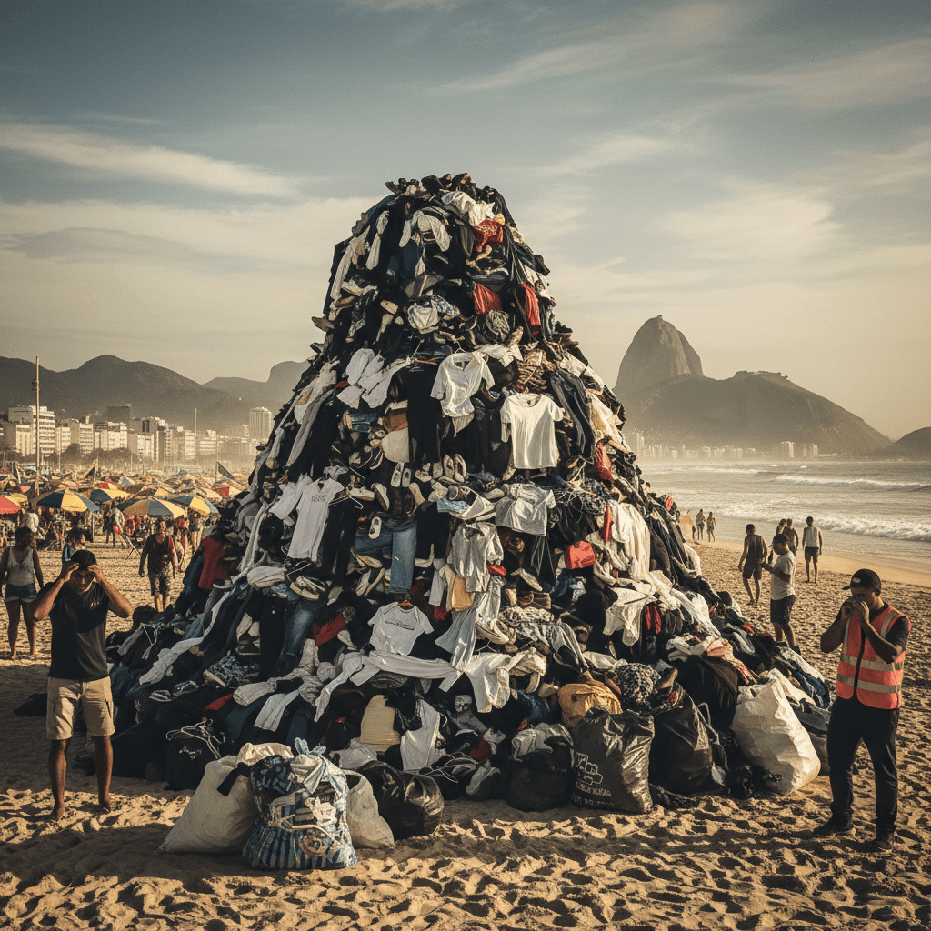 Praia de Copacabana com pirâmide de roupas descartadas.