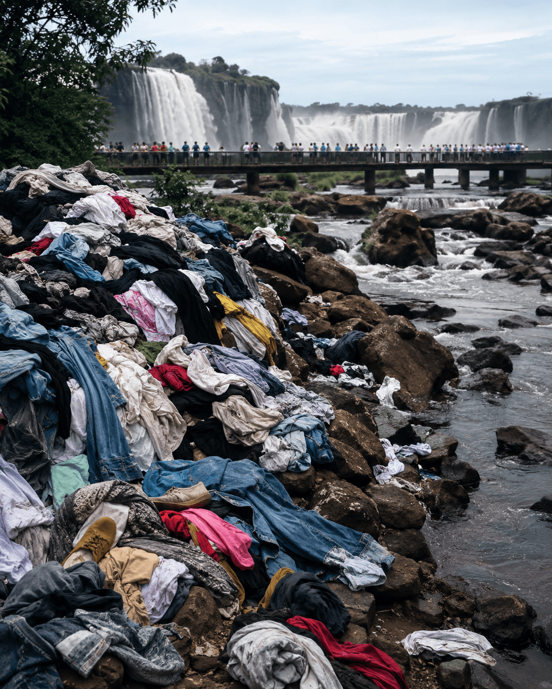 Cataratas do Iguaçu com montanha de roupas usadas em primeiro plano.